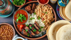 Vibrant overhead shot of authentic Mexican food spread including fresh cilantro-topped salsa, charred carne asada, rice and beans, corn tortillas stacked with steam rising, wooden table with rustic Mexican pottery