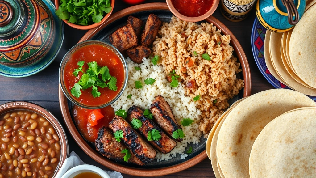 Vibrant overhead shot of authentic Mexican food spread including fresh cilantro-topped salsa, charred carne asada, rice and beans, corn tortillas stacked with steam rising, wooden table with rustic Mexican pottery