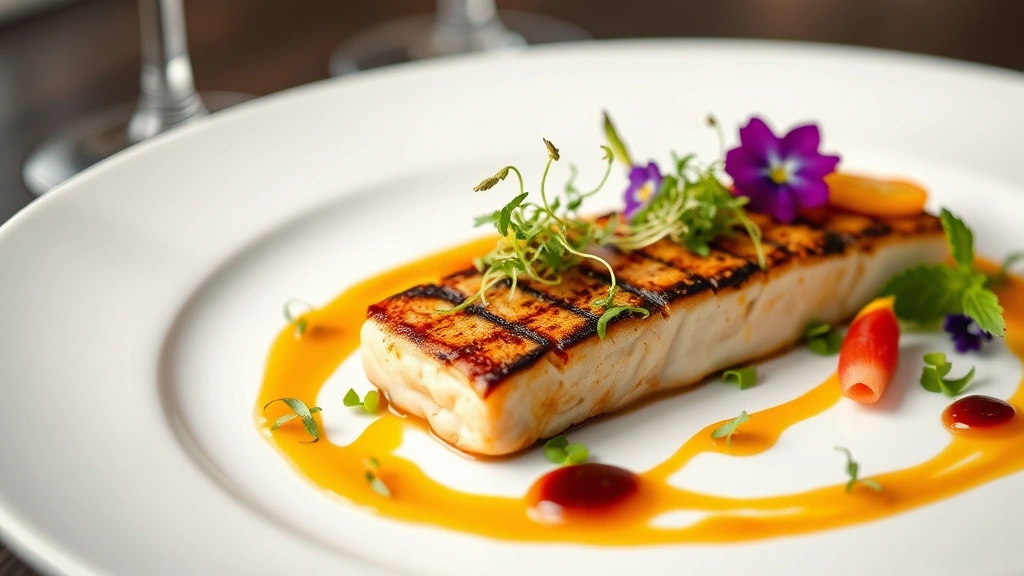 Elegant plated fine dining dish featuring perfectly seared protein with artistic sauce drizzle, microgreens, edible flowers, and colorful vegetable garnishes on white porcelain plate with wine glasses blurred in background