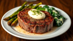 Perfectly seared prime ribeye steak with golden crust, topped with herb butter, served on white plate with roasted asparagus and creamed spinach, warm steam rising, professional steakhouse presentation