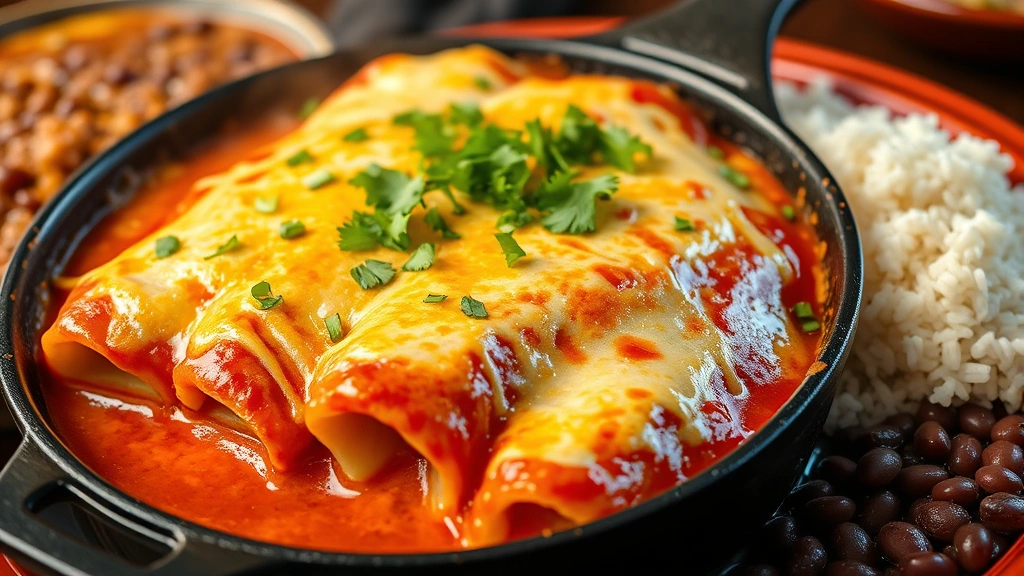 Sizzling cast-iron skillet of cheese enchiladas with red sauce, melted golden cheese on top, fresh cilantro garnish, surrounded by rice and beans, steam visible, authentic Tex-Mex restaurant setting