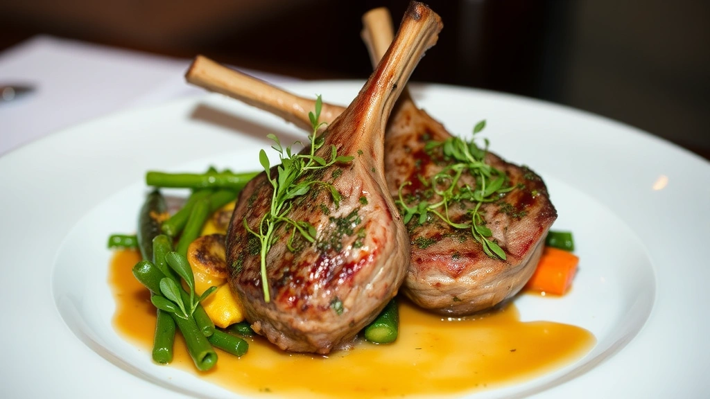 Artfully plated contemporary American dish featuring herb-crusted lamb chops, seasonal roasted vegetables, microgreens garnish, sauce drizzle, elegant white plate, fine dining presentation, soft warm lighting