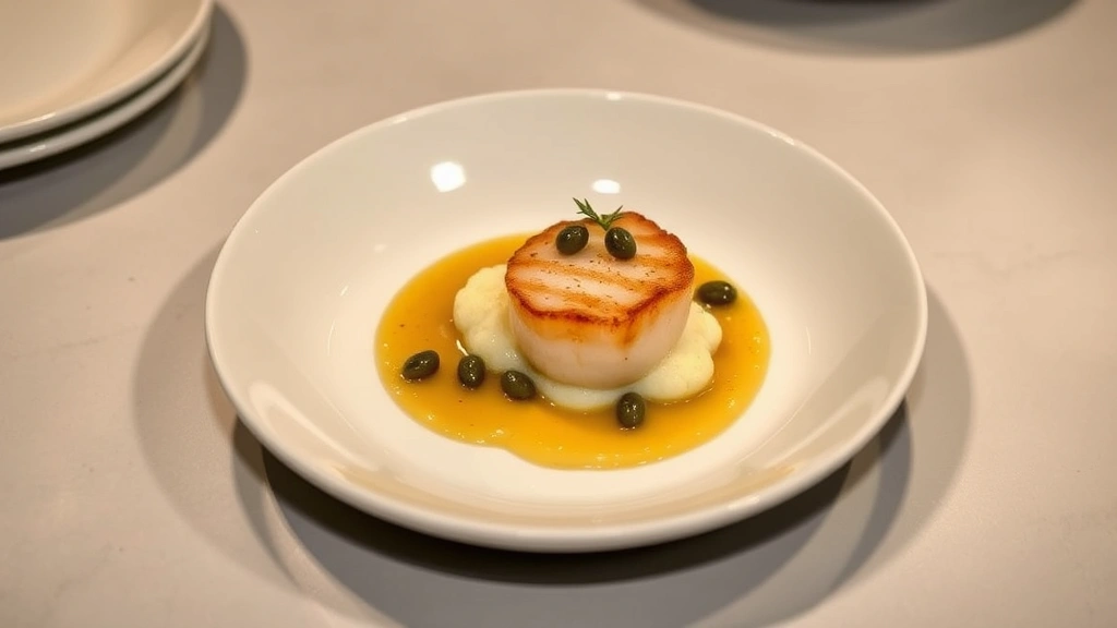 Overhead view of an elegantly plated fine dining dish with seared scallop, cauliflower purée, capers, and brown butter sauce on white porcelain, photographed in professional kitchen lighting with soft shadows