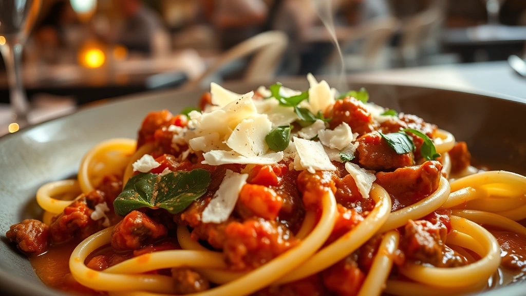 Close-up of fresh handmade pappardelle pasta with rich meat ragù sauce, garnished with shaved Pecorino Romano and fresh herbs, steam rising from the dish in warm restaurant ambiance
