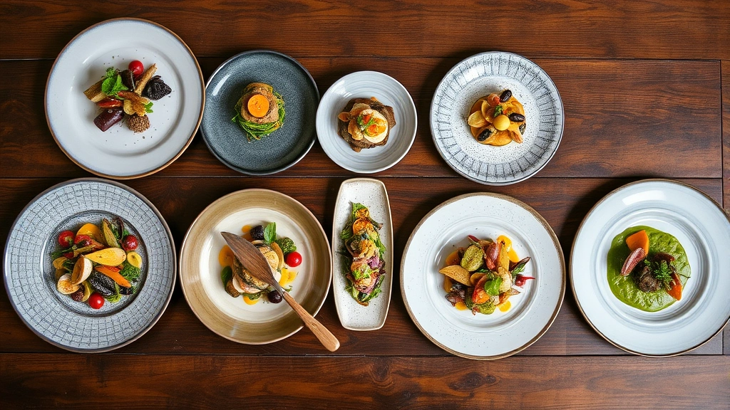 Artistic presentation of a multi-course tasting menu progression showing five different plates arranged on a wooden table, featuring varied colors and textures representing seasonal ingredients, professional food photography