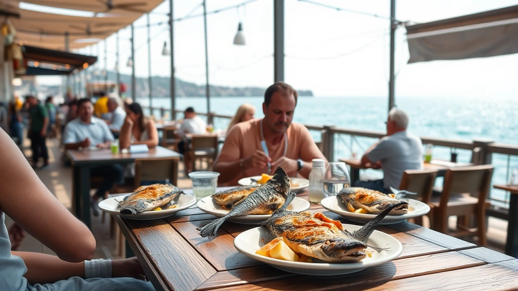 Casual waterfront outdoor dining scene with multiple diners at wooden tables, grilled whole fish on plates, ocean view, natural daylight, relaxed atmosphere