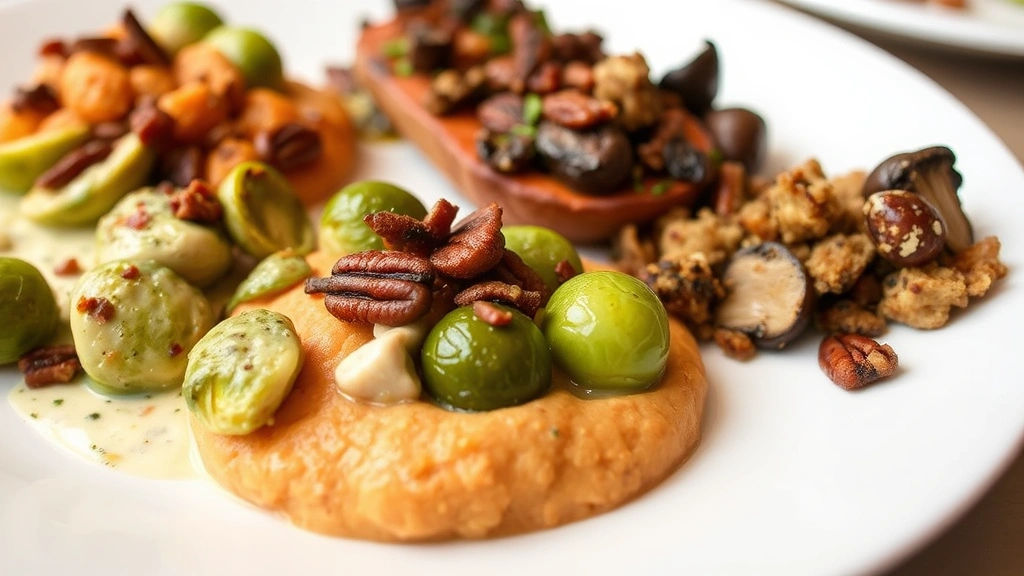 Close-up of restaurant plated Thanksgiving side dishes: creamed Brussels sprouts with crispy pancetta, sweet potato purée with spiced butter and toasted pecans, wild mushroom stuffing. Multiple small portions artfully arranged on white plate. Professional culinary plating style, natural lighting, no visible text.