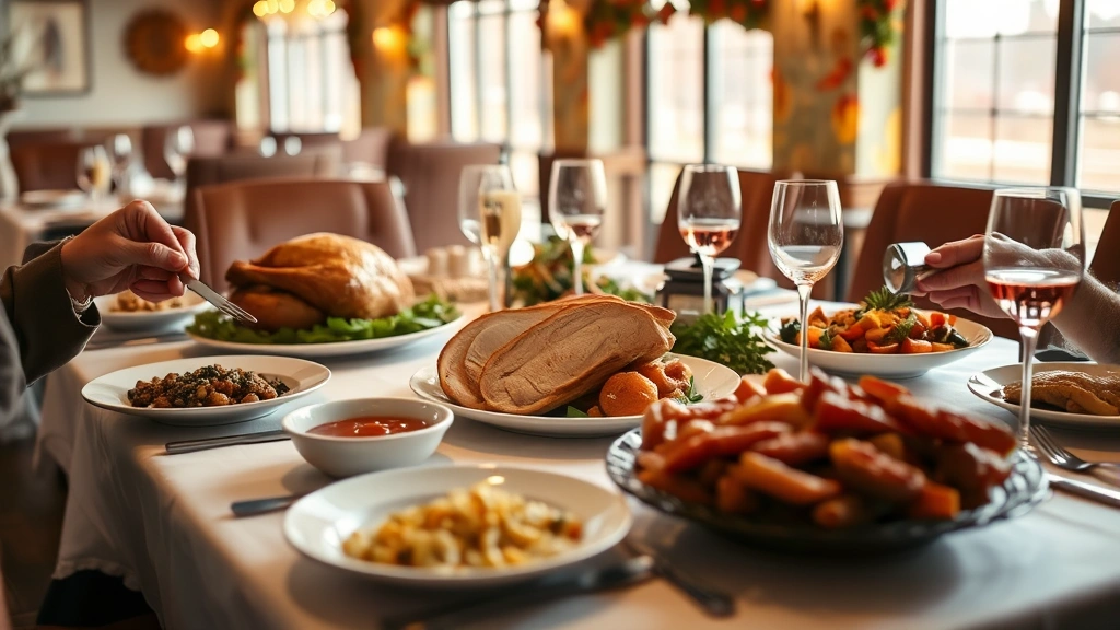 Casual Thanksgiving restaurant dining scene showing family-style table setting with multiple serving dishes: carved turkey, traditional sides, fresh cranberry sauce, autumn vegetable medley. Warm table lighting, fall decorations, wine glasses, cozy atmosphere. Photorealistic, no menu text or restaurant signage visible.