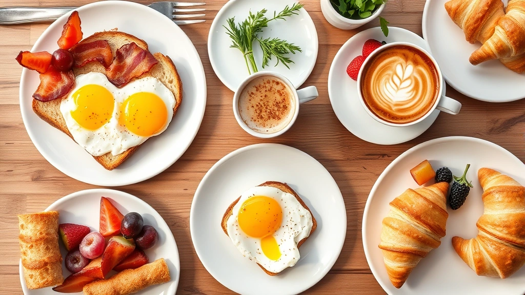 Overhead flat lay of elegant brunch spread featuring poached eggs with golden yolks on toasted sourdough, crispy bacon strips, fresh fruit medley, cappuccino with latte art, pastry croissants, and fresh herbs on white ceramic plates with natural window lighting