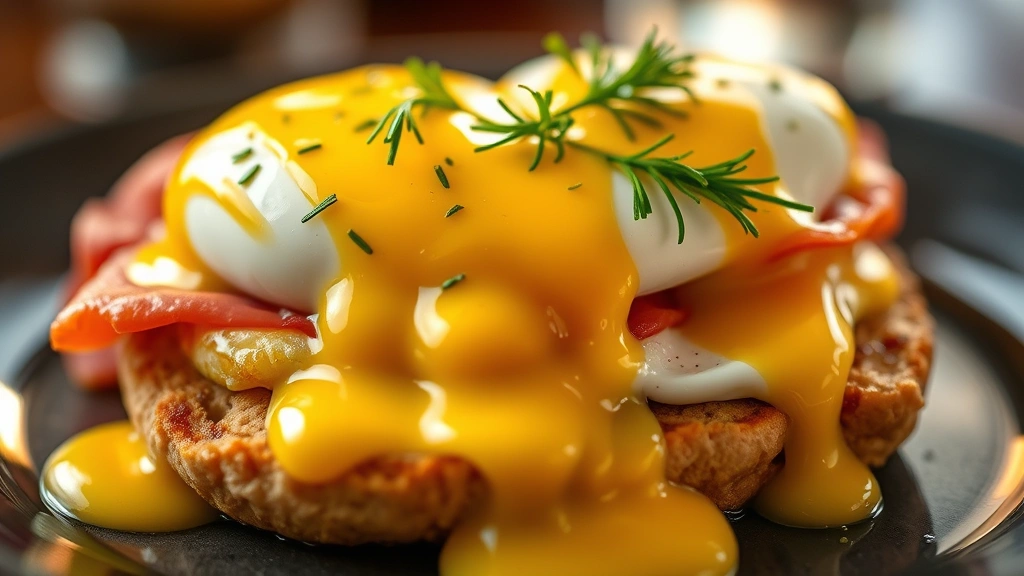 Close-up macro photography of perfectly cooked eggs benedict showing silky hollandaise cascading over English muffin and prosciutto, golden yolk running, fresh dill garnish, shallow depth of field, warm golden hour lighting, fine dining plating style