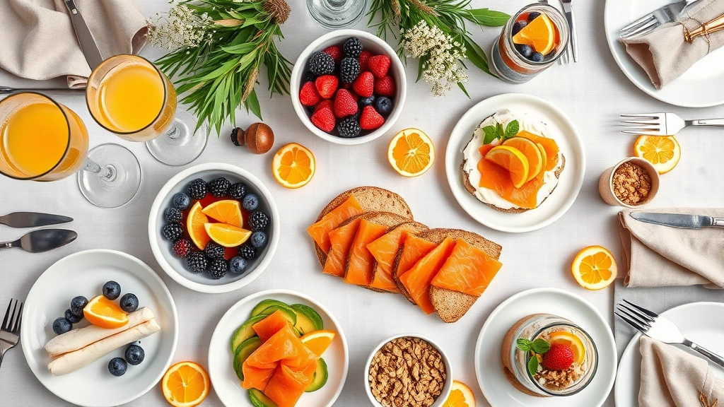 Vibrant overhead shot of diverse New Year's brunch spread including champagne flutes with mimosas, fresh berries in bowls, smoked salmon on cream cheese, avocado toast, granola parfaits, fresh citrus slices, linen napkins, and table settings ready for celebration