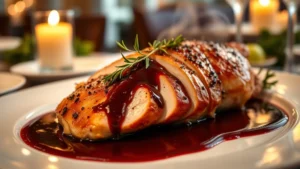 Perfectly golden-brown roasted turkey breast with herb garnish and rich burgundy wine reduction sauce, plated on white porcelain, soft candlelit restaurant ambiance, close-up food photography, steam rising, gourmet presentation
