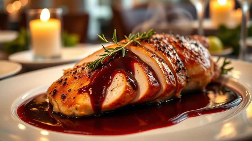 Perfectly golden-brown roasted turkey breast with herb garnish and rich burgundy wine reduction sauce, plated on white porcelain, soft candlelit restaurant ambiance, close-up food photography, steam rising, gourmet presentation