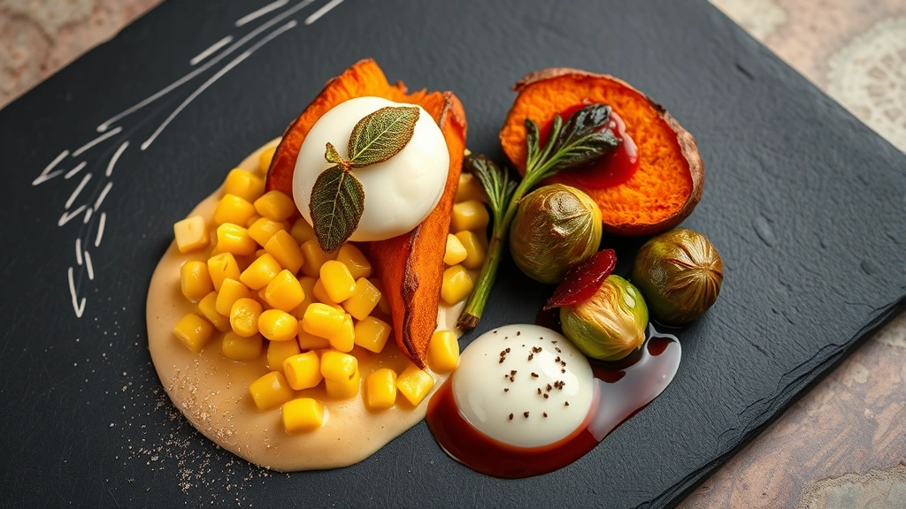 Elegantly composed Thanksgiving plate with creamed corn topped with crispy sage, roasted sweet potato with cardamom foam, cranberry gastrique, Brussels sprouts with brown butter, professional fine dining plating on dark slate