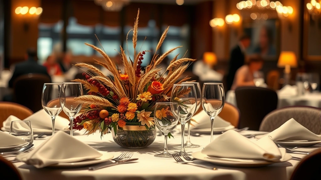 Upscale restaurant dining table set with cloth napkins, wine glasses, autumn floral centerpiece with dried wheat and berries, warm ambient lighting, blurred diners in background, sophisticated Thanksgiving celebration atmosphere