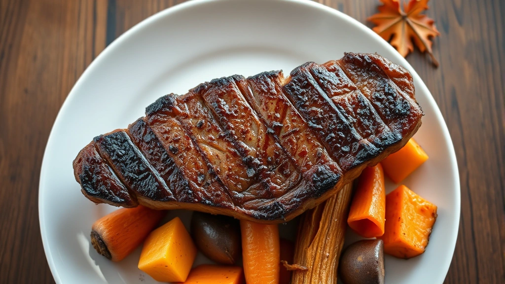 Overhead view of perfectly seared beef steak with caramelized crust, resting on white plate with roasted root vegetables in warm autumn colors, steam rising, professional food photography style, natural lighting from above