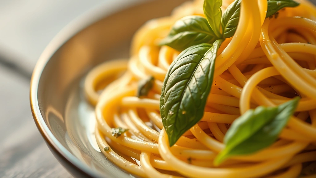 Close-up detail of handmade fresh pasta with silky sauce clinging to delicate noodles, basil leaf garnish, shallow depth of field, golden hour warm lighting, gourmet plating presentation