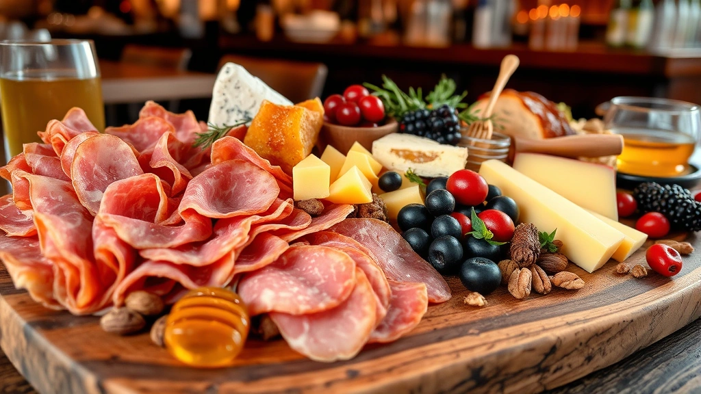 Artfully arranged charcuterie and cheese board with sliced cured meats, aged cheeses in varying colors, fresh fruits, nuts, and honeycomb, rustic wooden surface, professional restaurant photography, warm ambient lighting