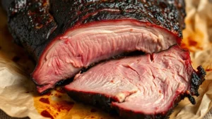 Close-up of perfectly smoked Texas brisket with pink smoke ring, glistening bark, and tender meat cross-section, served on butcher paper with charred edges