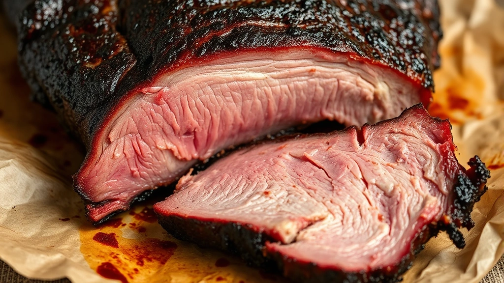 Close-up of perfectly smoked Texas brisket with pink smoke ring, glistening bark, and tender meat cross-section, served on butcher paper with charred edges
