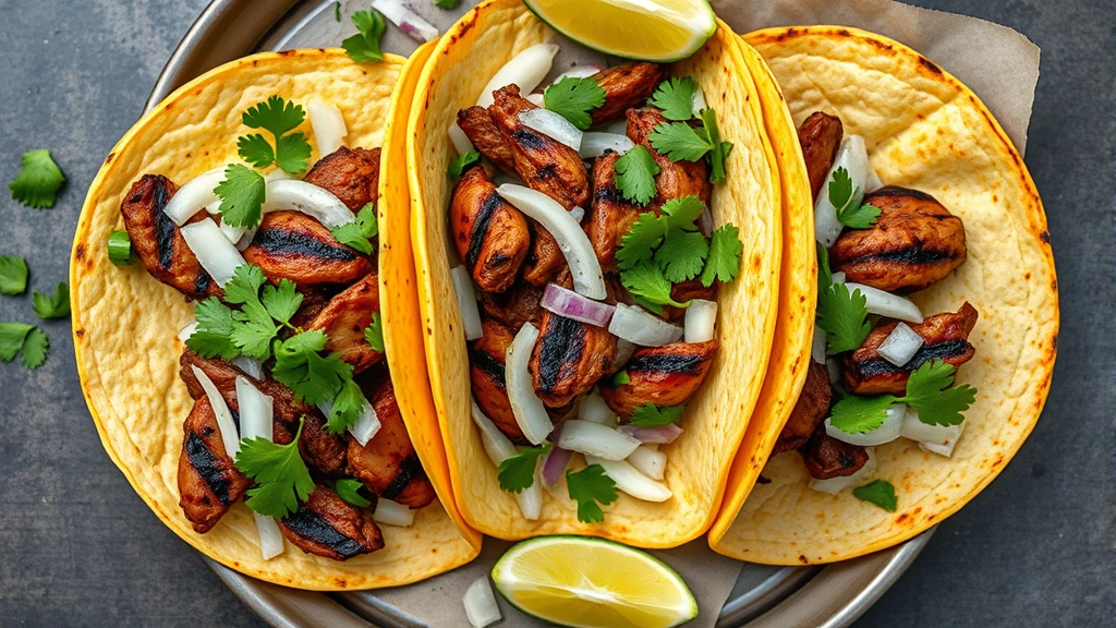 Overhead view of authentic Mexican street tacos with grilled carne asada, fresh white onion, cilantro, and steaming corn tortillas, lime wedge nearby
