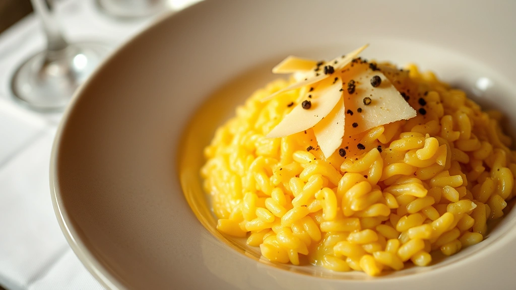 Artfully plated Italian risotto with saffron threads visible, creamy texture, topped with shaved Parmigiano-Reggiano and fresh black pepper, restaurant lighting