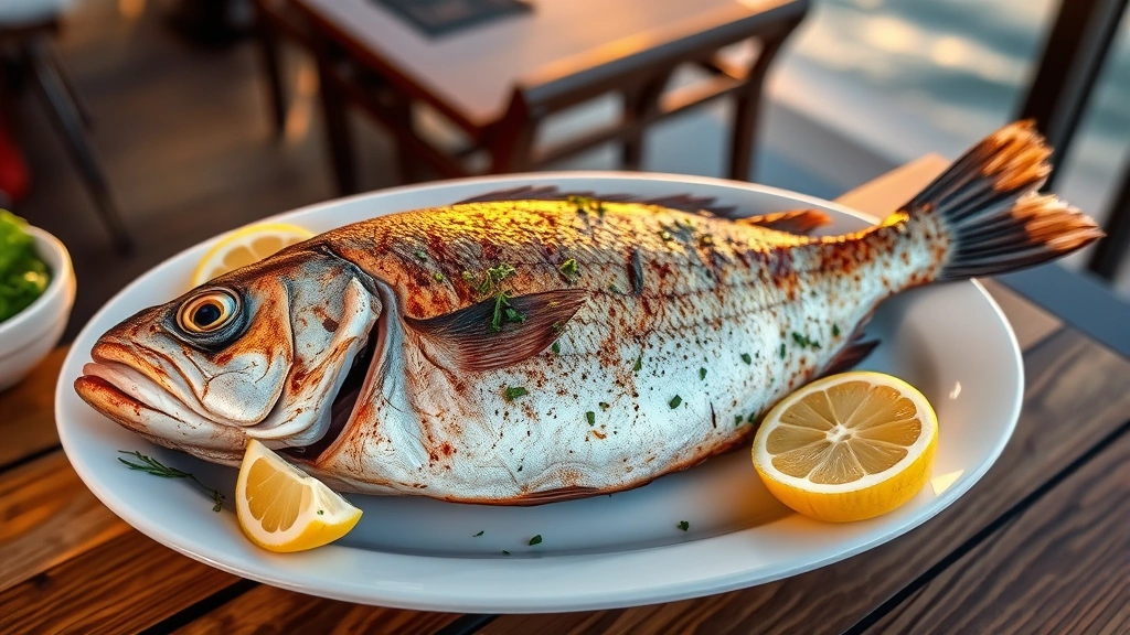 Overhead shot of fresh grilled whole fish with lemon wedges and herbs on a white plate, ocean horizon blurred in background, golden hour sunlight, coastal restaurant setting