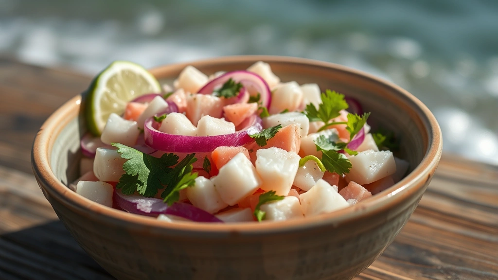 Close-up of a seafood ceviche with diced white fish, red onion, cilantro, and lime juice in a ceramic bowl, beachside wooden table, waves visible beyond, natural daylight