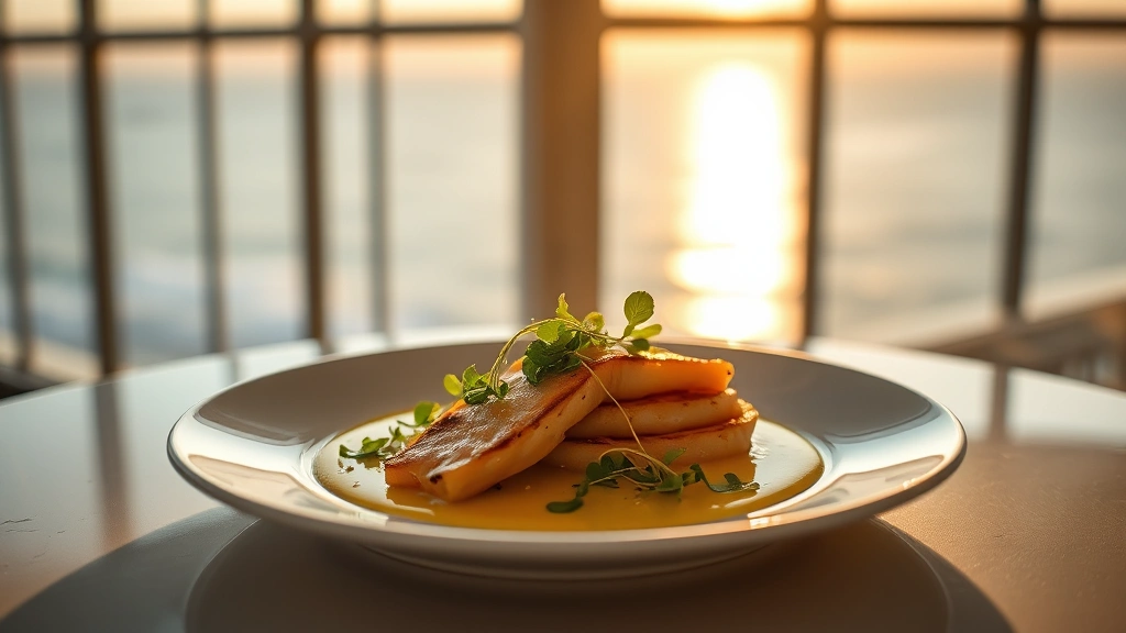 Elegant plated seafood dish with butter sauce and microgreens on white porcelain, photographed with soft golden afternoon light and blurred ocean horizon visible through floor-to-ceiling windows