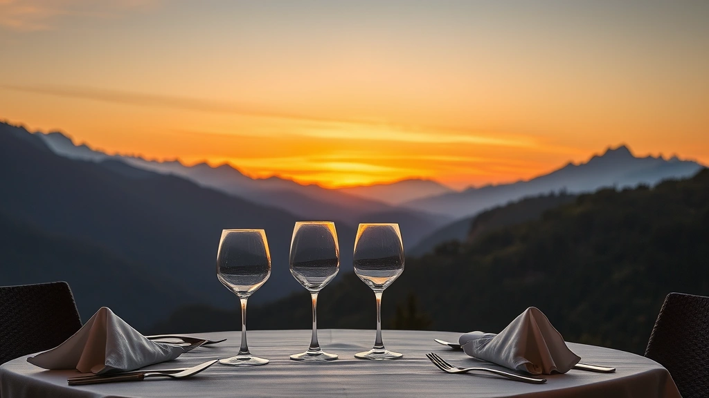 Fine dining table setting with wine glasses and folded napkins overlooking dramatic mountain valley landscape at sunset, alpine peaks visible in distance, warm golden light illuminating table