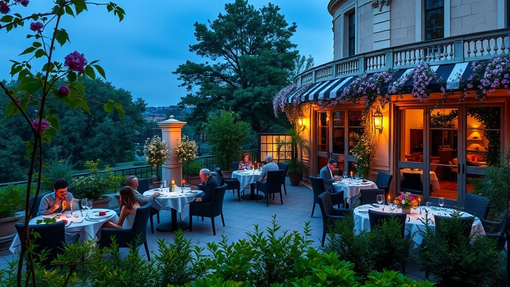 Sophisticated garden terrace restaurant with multiple diners seated at candlelit tables, flowering vines and herbs visible in background, architectural garden design with manicured plantings framing the scene