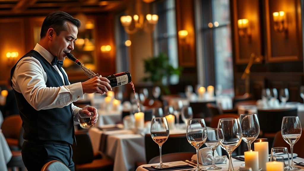 A sommelier pouring wine next to a live jazz musician playing saxophone in an upscale restaurant with candlelit tables and warm amber lighting, capturing the sophisticated ambiance of fine dining with live entertainment