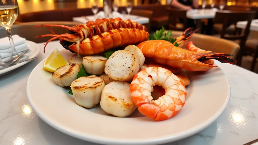 Fresh grilled seafood platter featuring scallops, lobster tail, and shrimp on a white ceramic plate with lemon wedges, photographed from above in a restaurant with stage lights reflecting on the table surface