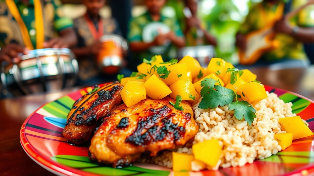 A Caribbean-inspired dish with jerk-spiced grilled chicken, coconut rice, plantains, and tropical mango salsa on a vibrant plate, with blurred performers playing steel drums and percussion instruments in the background