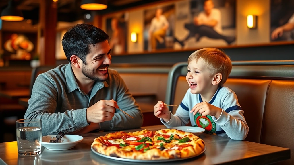 Parent and child enjoying meal together at restaurant table, child laughing while eating gourmet pizza, warm ambient lighting, comfortable booth seating, clean modern dining space