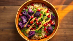 Vibrant overhead shot of artfully plated vegan Buddha bowl featuring roasted purple cauliflower, quinoa, tahini drizzle, microgreens, and pomegranate arils with warm golden lighting on wooden table