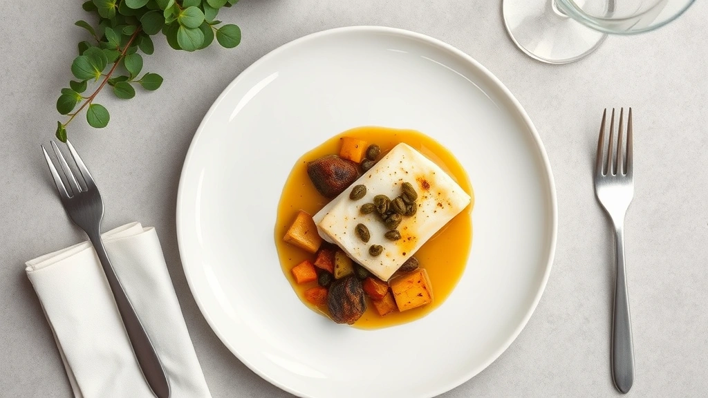 Overhead view of elegantly plated halibut with brown butter sauce, capers, and roasted seasonal vegetables in minimalist fine dining presentation, soft natural lighting from above, photorealistic culinary photography, no text or labels visible