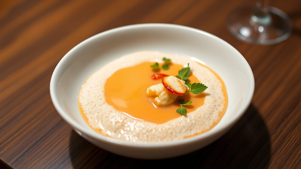 Luxurious butter-poached lobster bisque in white bowl with delicate foam garnish and microgreens, creamy coral-colored bisque, professional culinary plating, shallow depth of field, warm lighting, food photography style, no visible text