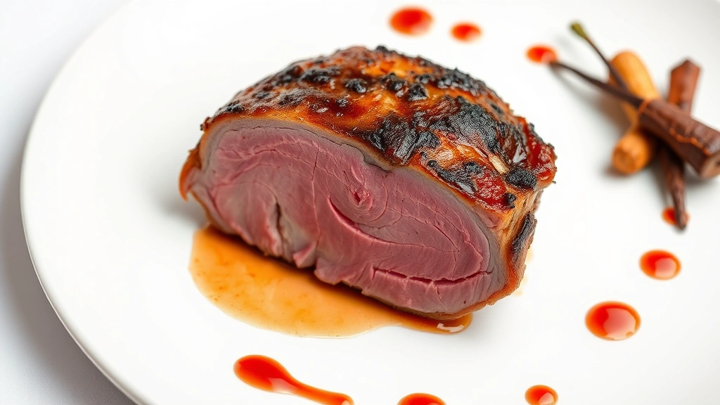 Dry-aged duck breast cross-section showing perfectly medium-rare pink interior with crispy golden skin, arranged with cherry gastrique swipe and root vegetable accompaniments on white plate, fine dining presentation, natural lighting, no text or labels