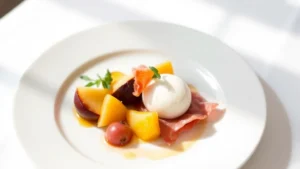 Elegant plated appetizer featuring compressed stone fruit, creamy burrata, and crispy prosciutto arranged with precision on white ceramic plate, soft natural light from above