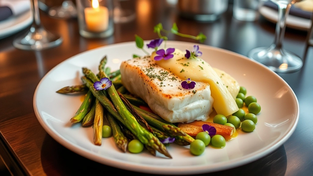 Seared halibut fillet with herb beurre blanc, roasted spring vegetables including asparagus and peas, garnished with edible flowers, professional fine dining plating, warm ambient restaurant lighting