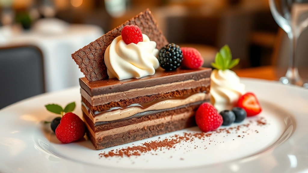 Chocolate torte dessert with silky mousse layers, crispy chocolate tuile, vanilla ice cream quenelle, fresh berries, elegant white plate, soft focus luxury dining room background