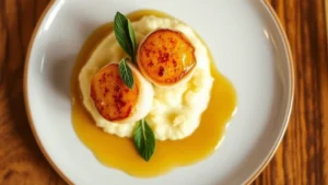 Overhead shot of perfectly seared scallops on cauliflower purée with crispy sage leaves and brown butter foam, warm amber lighting, fine dining plating