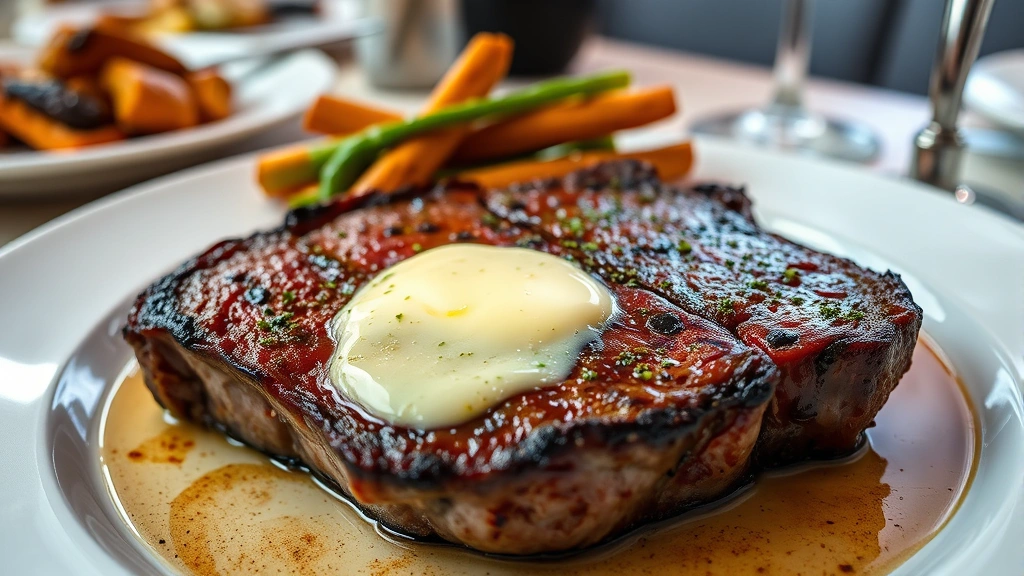 Beautifully cooked medium-rare grass-fed ribeye steak with perfect crust, compound butter melting on surface, roasted vegetables, restaurant table setting visible