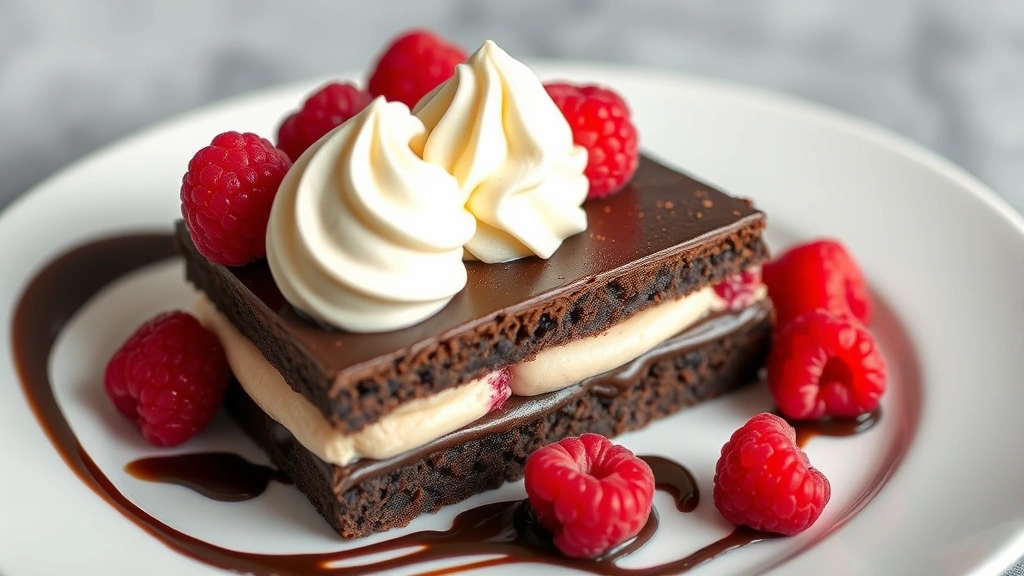 Elegant dark chocolate torte dessert with silken mousse layers, vanilla bean ice cream quenelle, fresh raspberries, and chocolate ganache on white plate