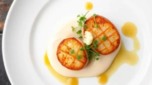 Overhead view of artfully plated seared scallops with golden-brown crust, silken cauliflower puree, microgreens, crispy cauliflower chips, and brown butter reduction on a white ceramic plate, professional fine dining presentation