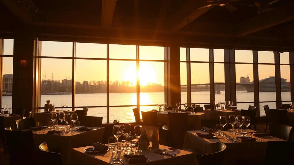 Waterfront dining room at sunset with floor-to-ceiling windows overlooking river, golden hour light streaming through, elegant table settings with wine glasses, warm ambiance, soft shadows, peaceful water reflection