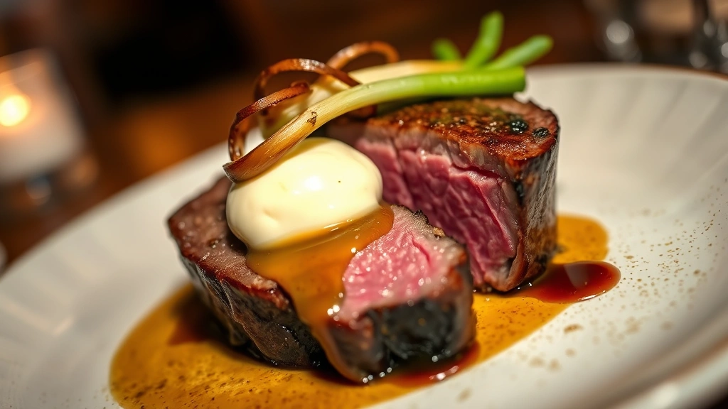 Close-up of herb-brined dry-aged ribeye steak with pink center, bone marrow custard melting across surface, charred spring onions, aged balsamic drops, on warm plate with subtle depth of field, restaurant lighting