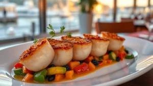 Pan-seared scallops with golden crust and seasonal vegetables on white plate, soft golden lighting, waterfront restaurant setting