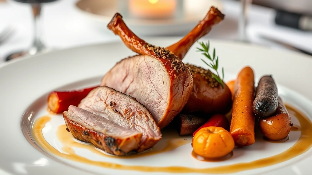 Duck breast with crackling skin, roasted root vegetables, wine glass nearby, elegant fine dining plating with garnish